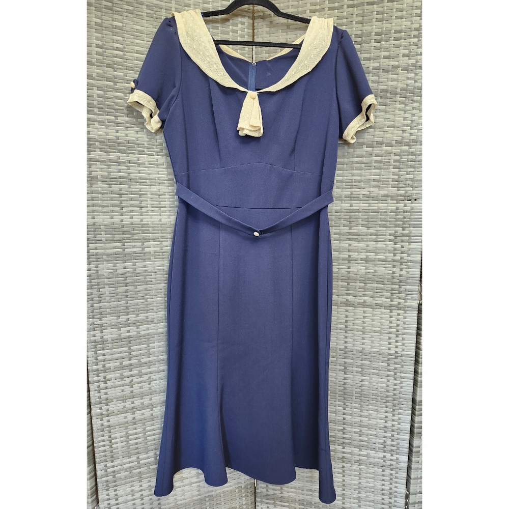 Stop Staring Navy Dress with Cream Trim - Picture 2 of 11